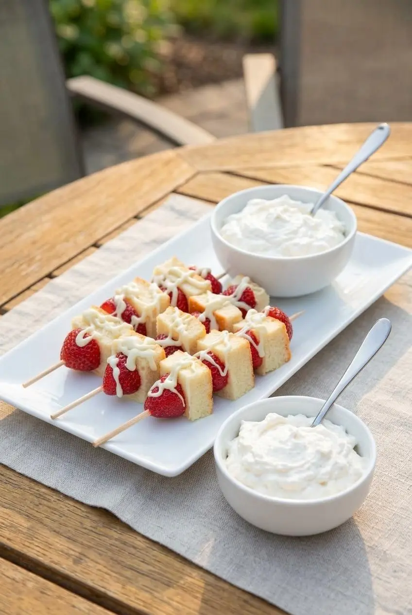 Strawberry shortcake kabobs arranged on a white serving platter next to a bowl of cream cheese dip on an outdoor table.