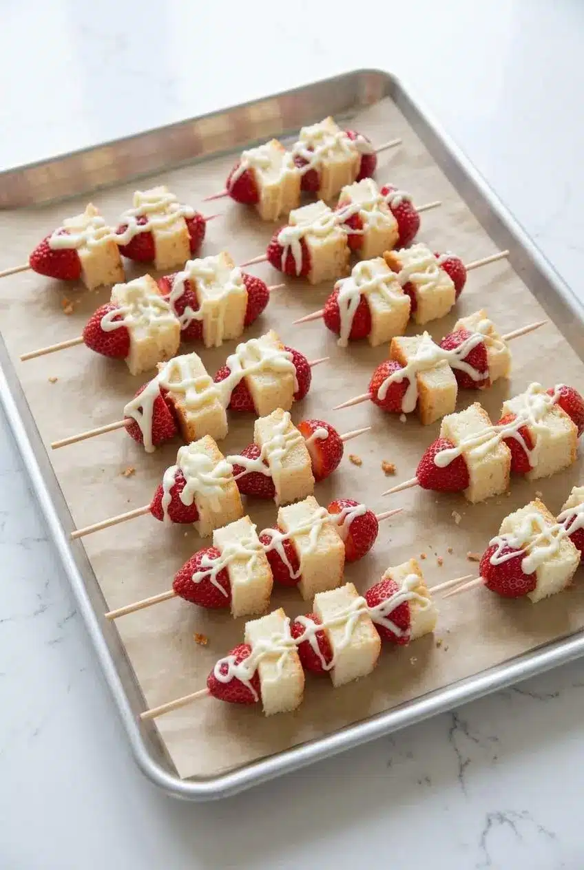 Chilled strawberry shortcake skewers arranged flat in a single layer on parchment paper over a baking sheet.