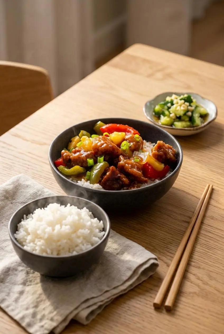 Platter of sweet and sour pork served with steamed white jasmine rice and garlic cucumber salad.