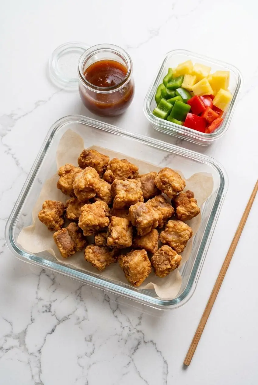 Meal prep containers holding un-sauced fried pork, sweet and sour glaze jar, and fresh vegetables.