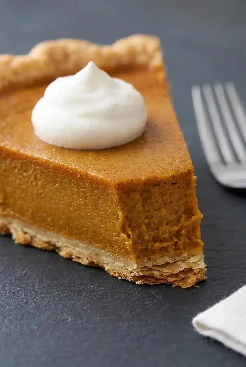 Close-up of a cleanly cut sweet potato pie slice showing dense spiced custard and flaky bottom crust layers.