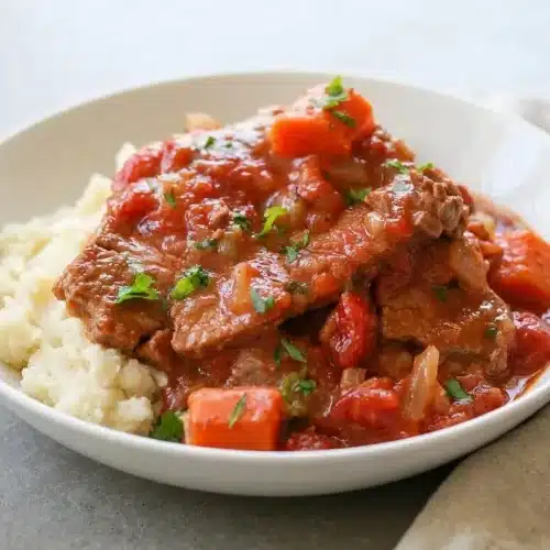 Braised beef in rich, glossy tomato gravy from this tender swiss steak recipe with carrots and onions.