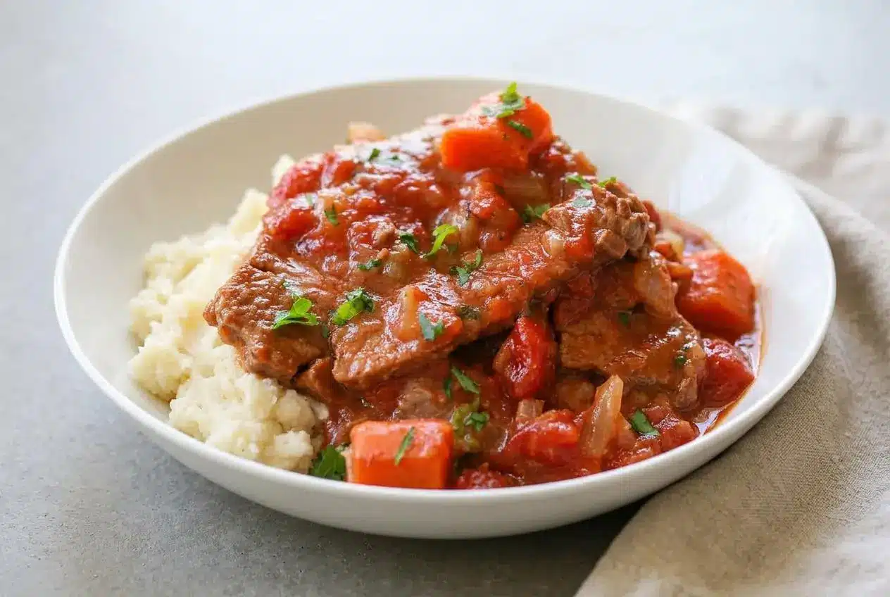 Braised beef in rich, glossy tomato gravy from this tender swiss steak recipe with carrots and onions.