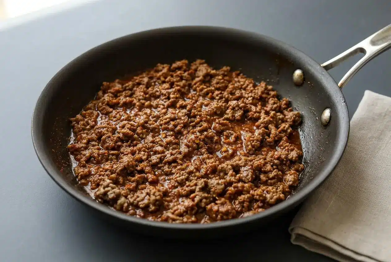 Taco meat recipe featuring savory ground meat simmered to a moist, glossy finish with warm spices.