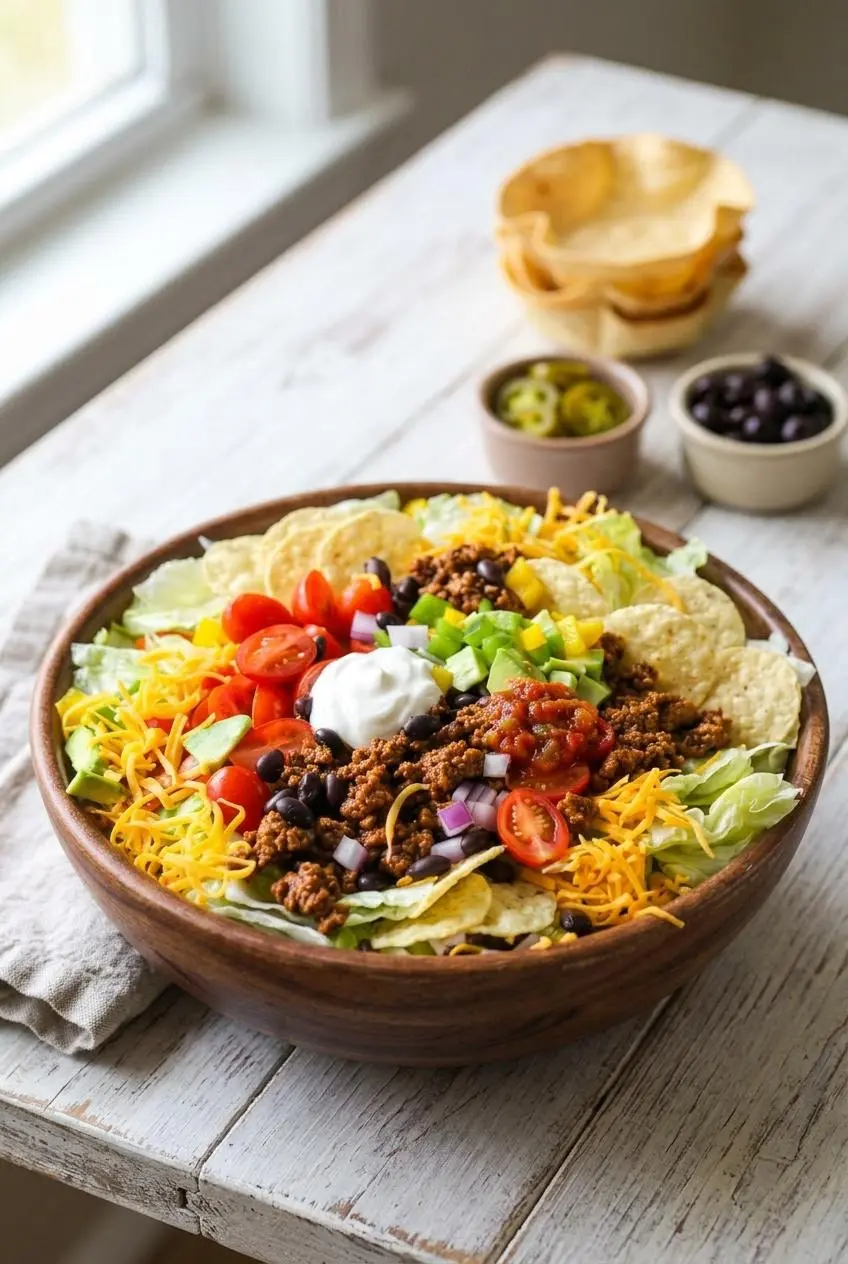 Taco salad bowl served on a wooden table beside baked tortilla bowls and toppings for family gatherings.