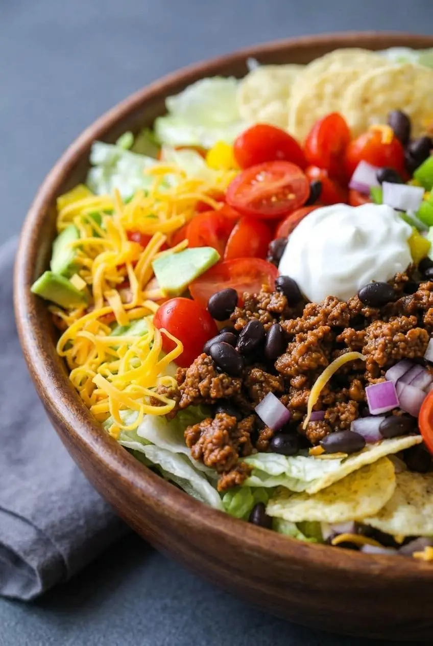 Macro view of crisp chopped romaine, savory seasoned ground beef, melted cheddar cheese, and a crunchy tortilla chip edge.