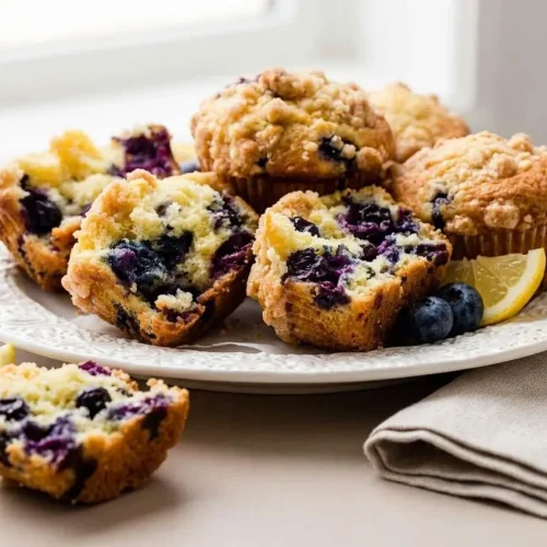 Freshly baked lemon blueberry muffins with tall golden domed tops and a crisp crumb topping.