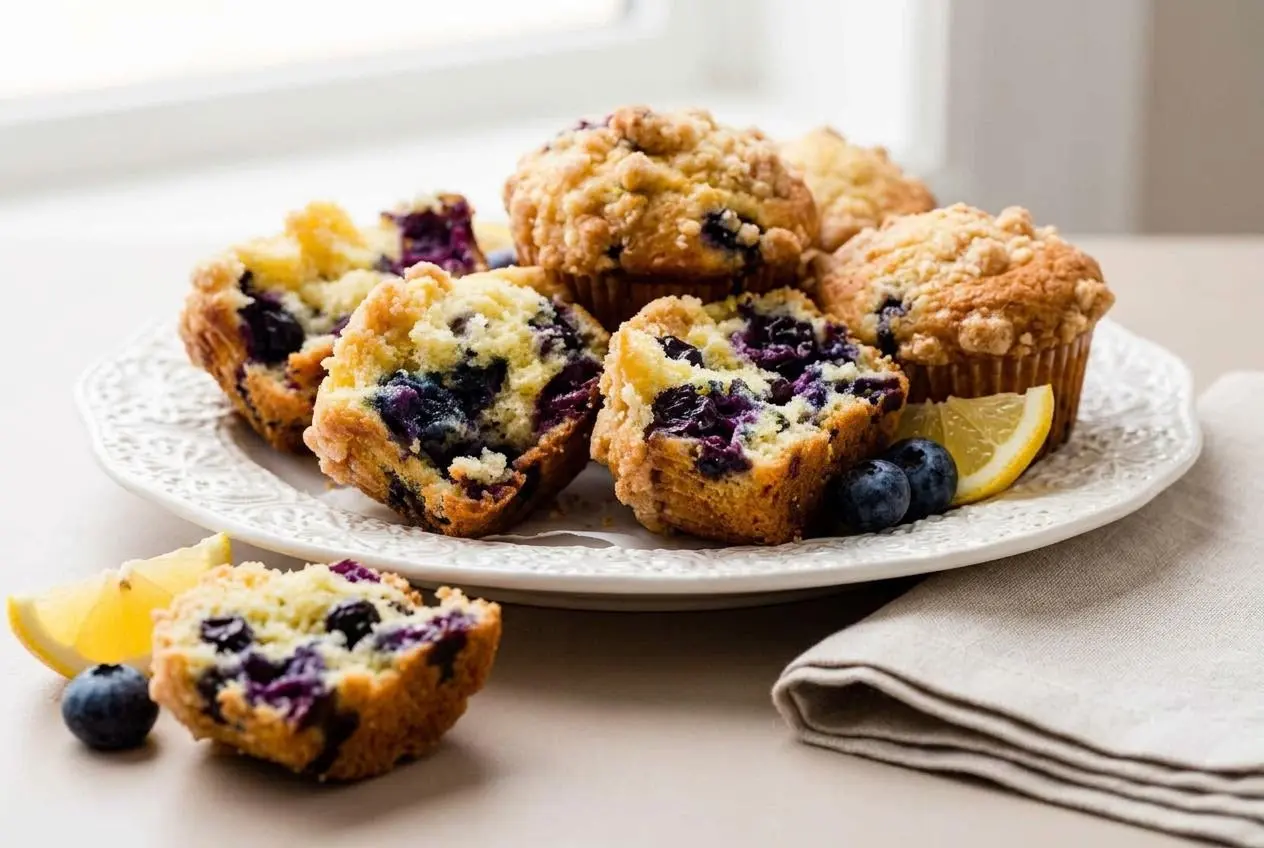 Freshly baked lemon blueberry muffins with tall golden domed tops and a crisp crumb topping.