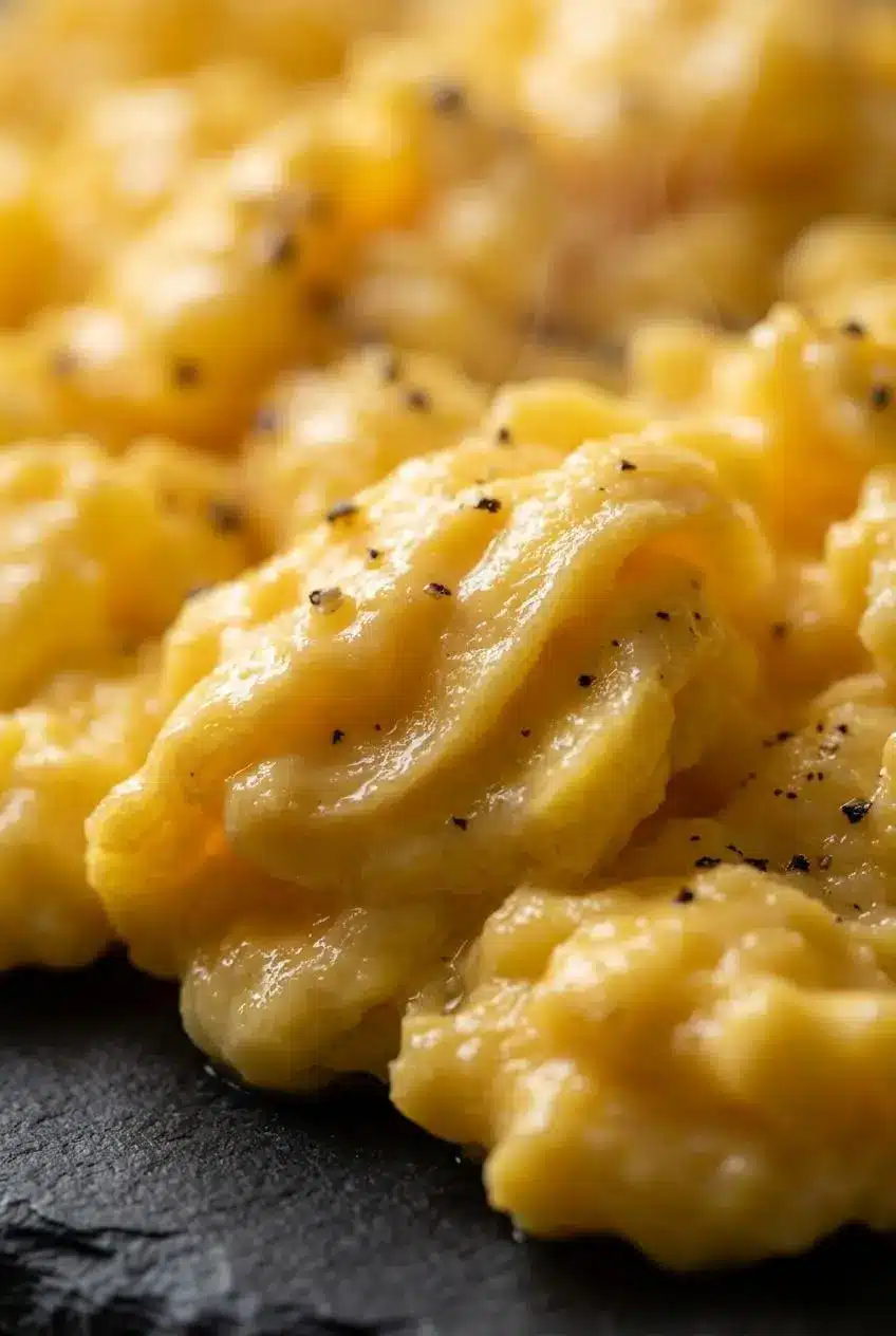 Close-up of velvety baked scrambled egg curds with moist folds and cracked black pepper.