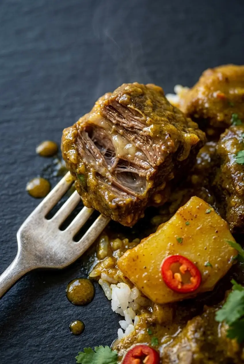 Fork splitting open a tender cube of braised beef chuck coated in glossy coconut curry sauce.