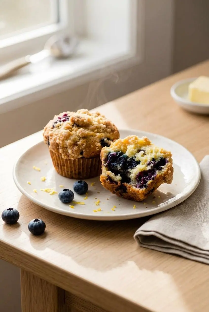 Warm lemon blueberry muffin split open on a ceramic plate revealing a tender crumb studded with berries.