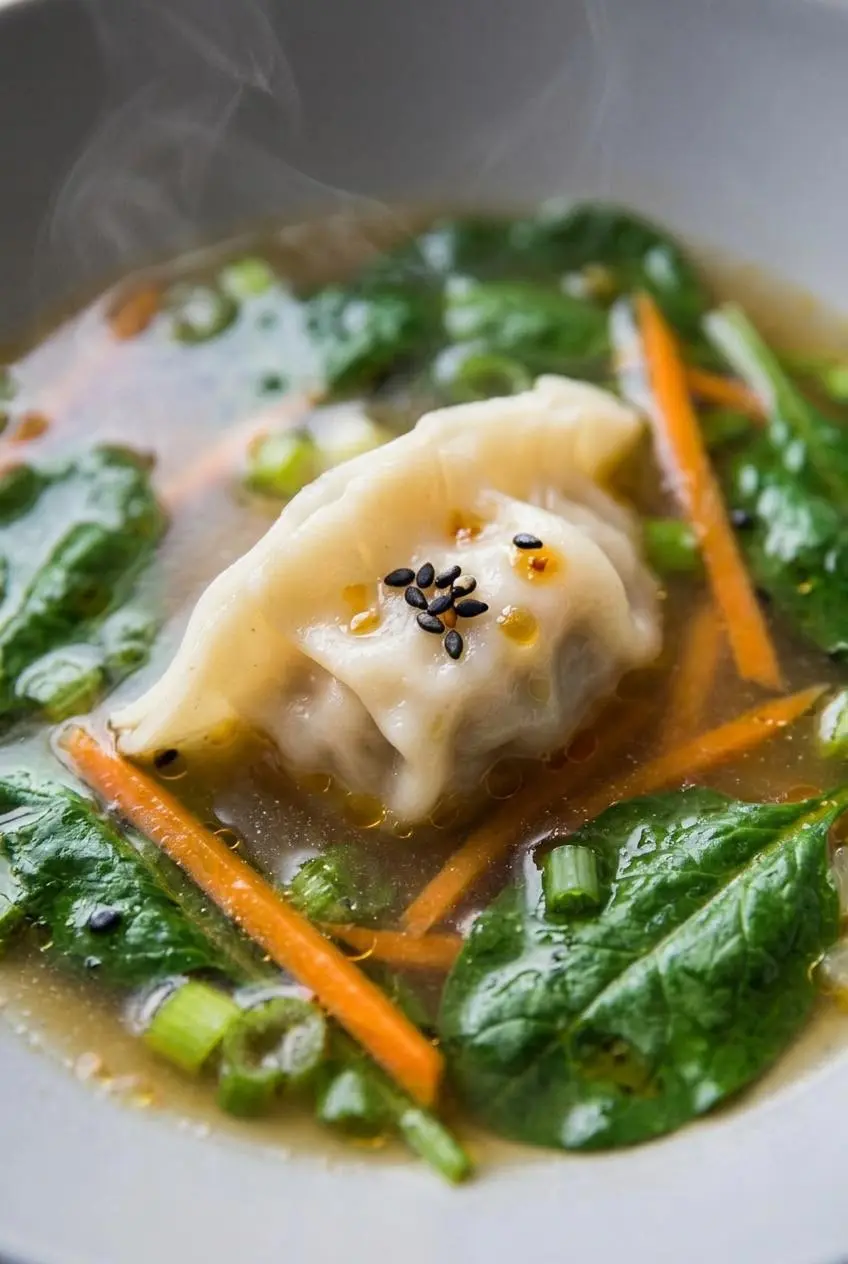 Plump dumpling with tender pleated wrapper floating in savory broth with spinach and carrots.