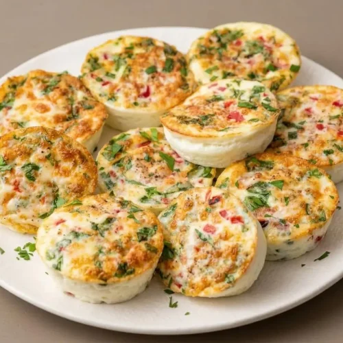 Tender baked egg white bites recipe with roasted red peppers, spinach, and a smooth custardy finish.