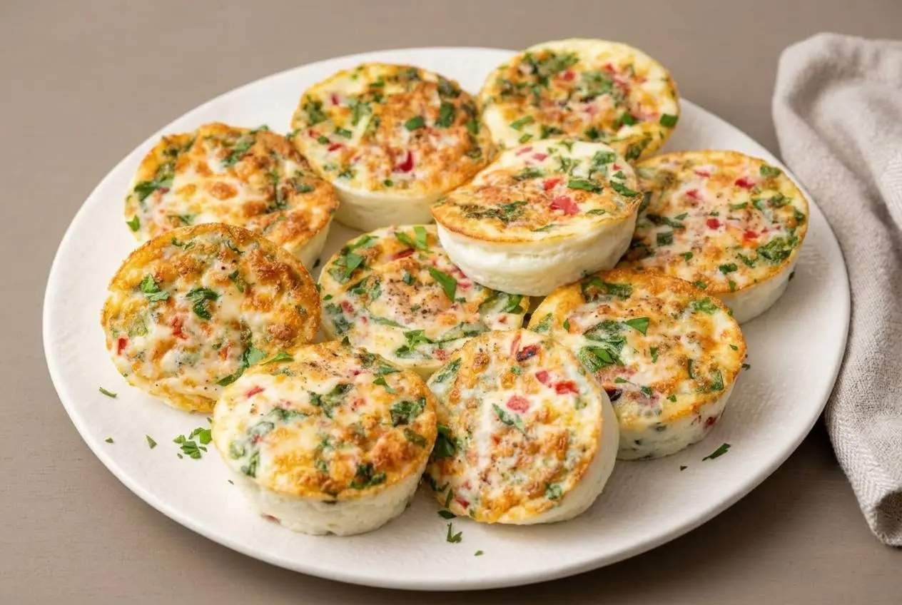 Tender baked egg white bites recipe with roasted red peppers, spinach, and a smooth custardy finish.