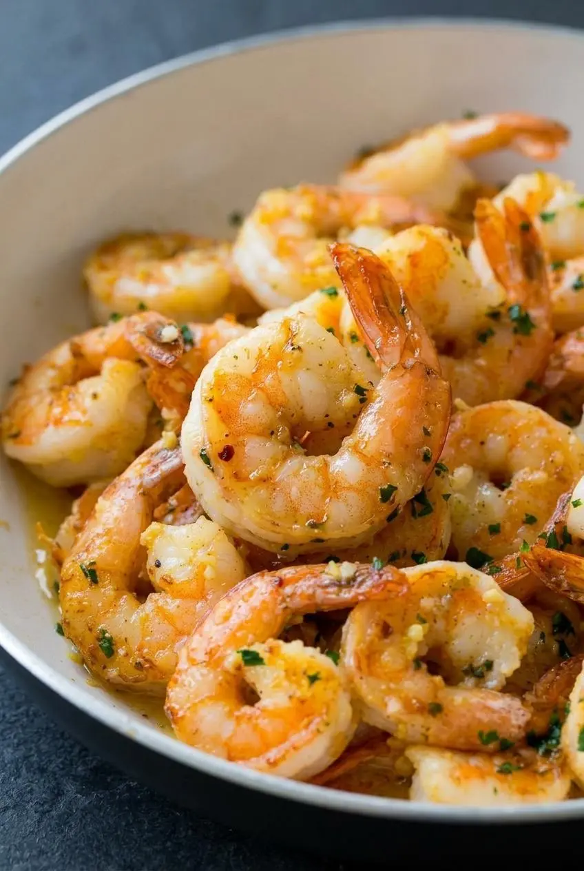 Close-up of perfectly cooked tender shrimp showing an opaque pink color and loose C-shaped curl