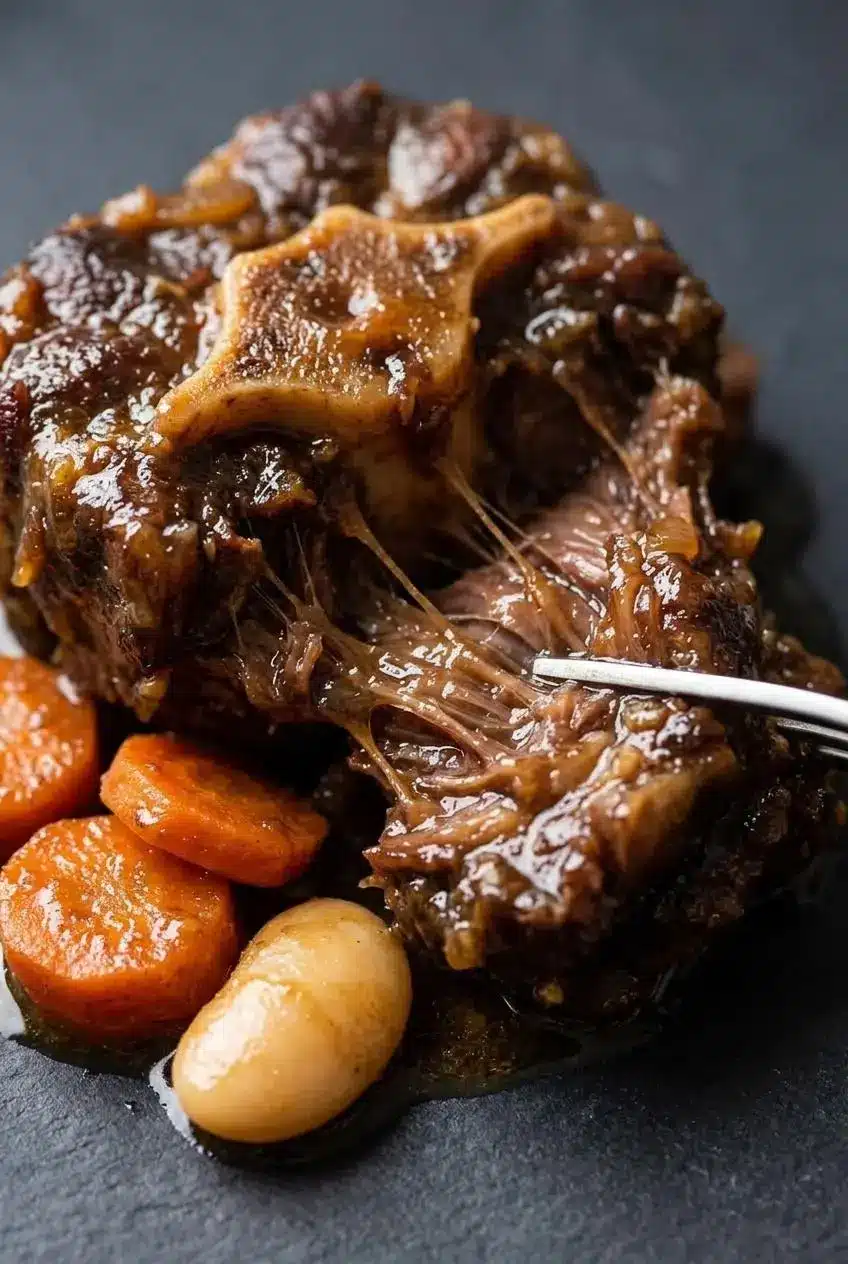 Fork-tender Jamaican oxtail pulling apart around the bone in rich mahogany gravy with a creamy butter bean.
