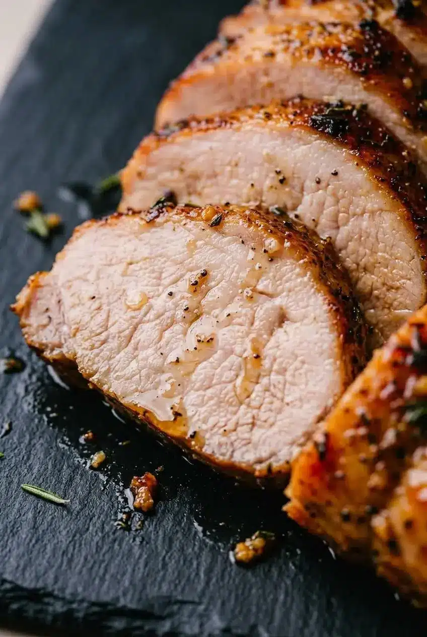 Close-up of juicy sliced roast pork loin showing tender cross-grain texture and a golden fat cap.