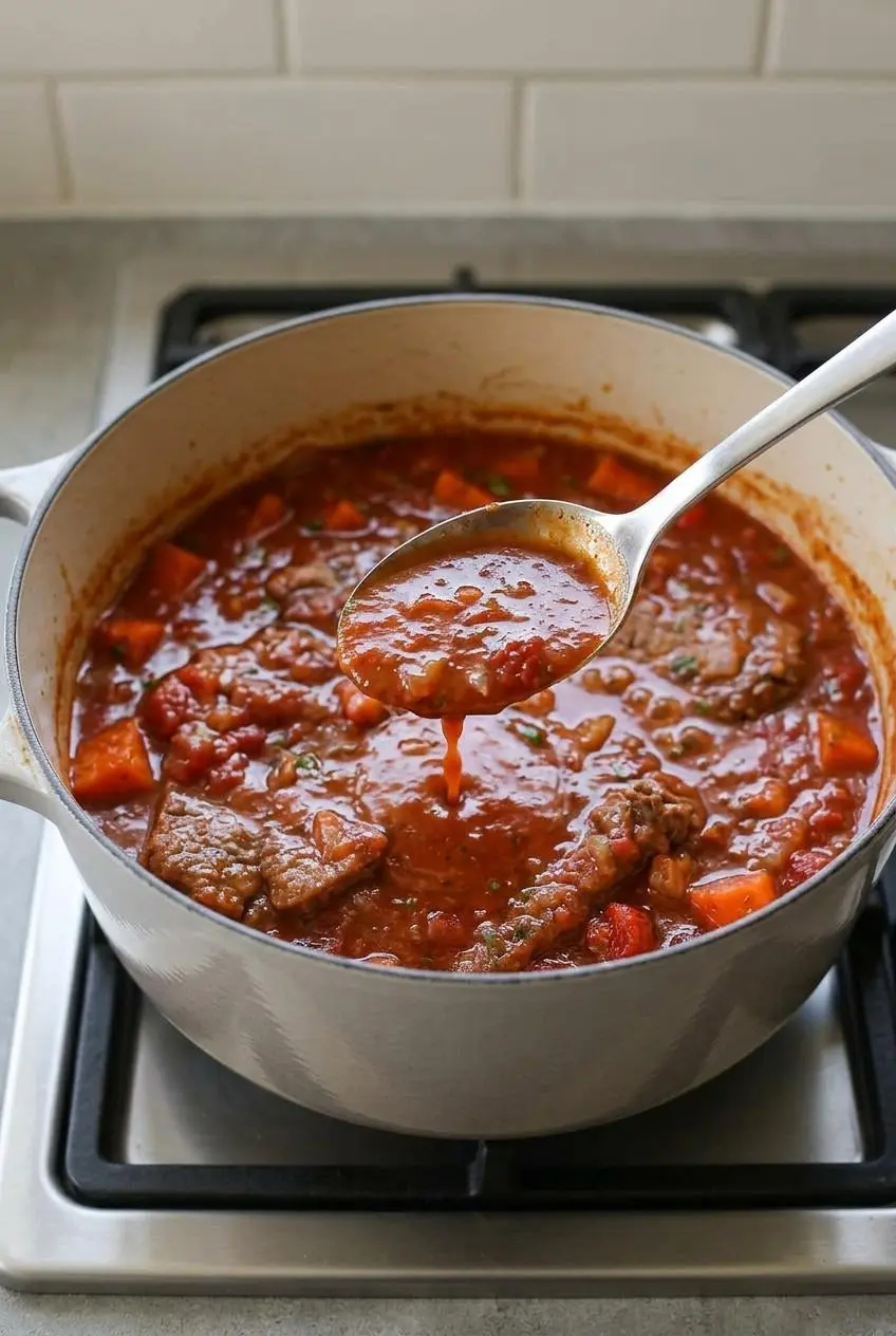 Kitchen spoon lifting glossy tomato gravy from a Dutch oven to test sauce thickness and consistency.