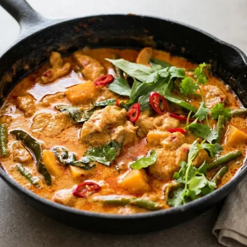 Thai Red Curry Recipe featuring tender chicken, squash, and green beans in a glossy coconut sauce.