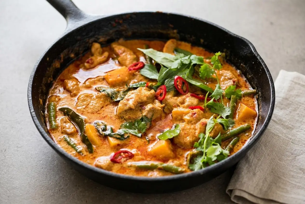 Thai Red Curry Recipe featuring tender chicken, squash, and green beans in a glossy coconut sauce.