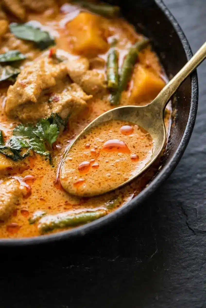 Tasting spoon lifting velvety Thai red curry sauce showing a rich consistency and glistening red oil sheen.