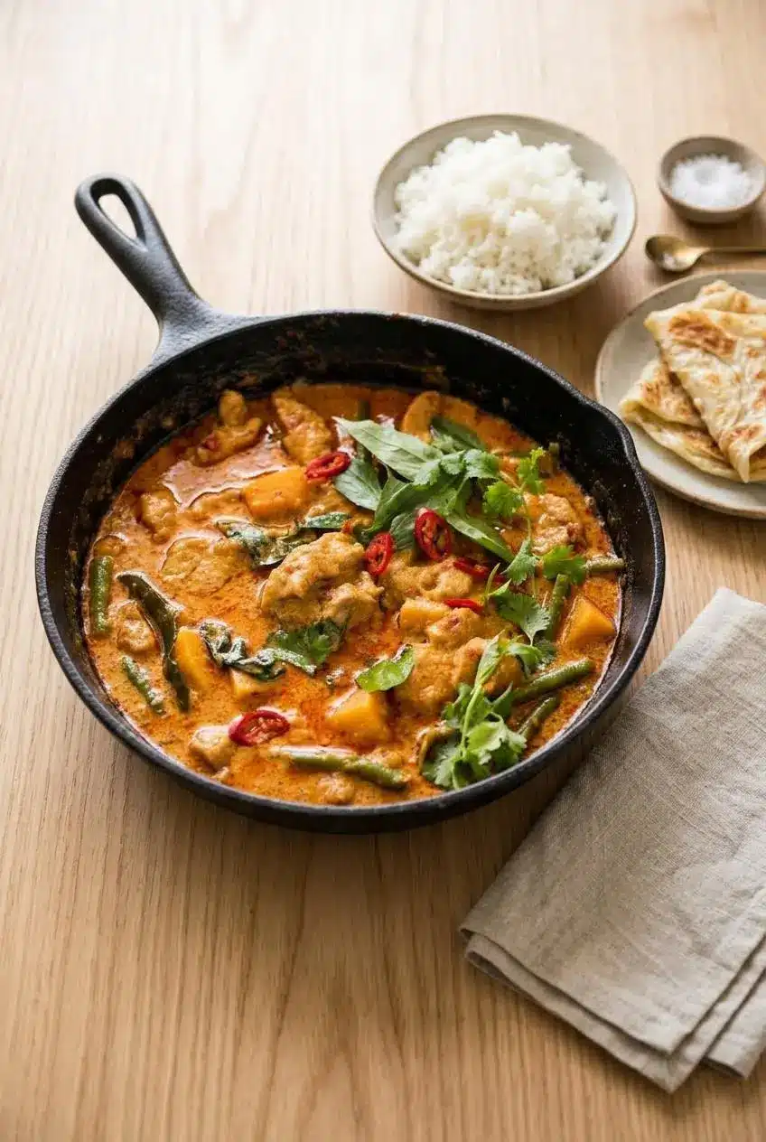 Thai red curry served alongside a bowl of fluffy jasmine rice and golden folded roti canai on a wood table.