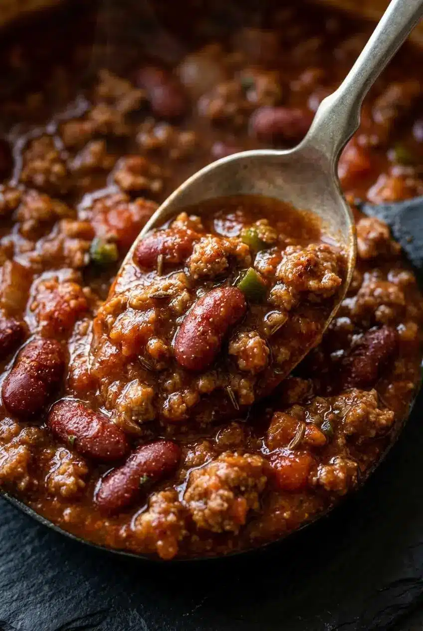 Close-up of a vintage spoon lifting thick beef chili with ground beef and tender red kidney beans.