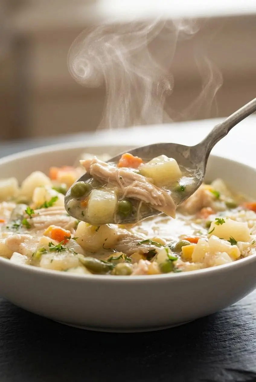 Spoon lifting thick, creamy chicken pot pie gravy with tender chicken, potatoes, peas, and carrots.