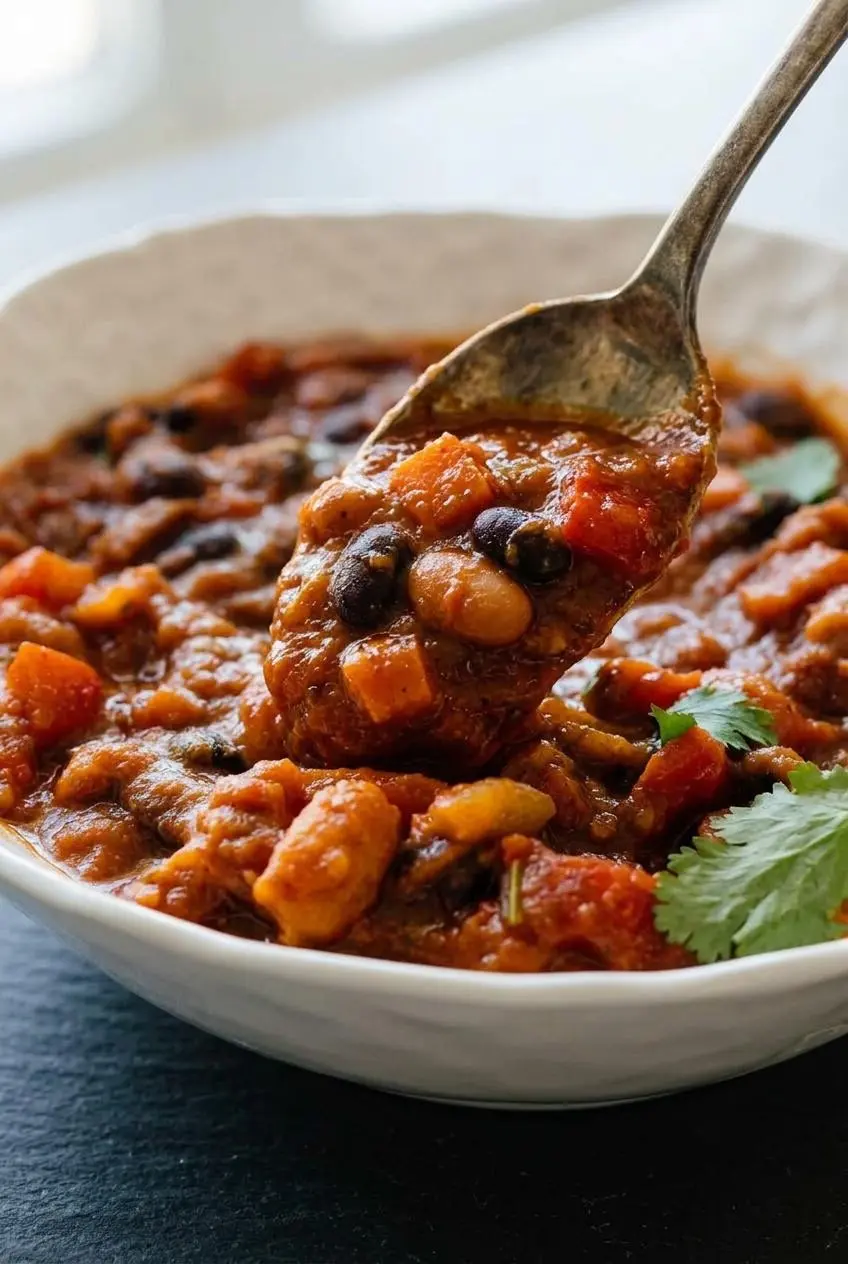 Spoon lifting a thick scoop of meatless chili showing tender black beans, pinto beans, and rich sauce.