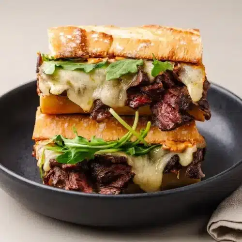 Toasted steak sandwich layered with seared skirt steak, caramelized onions, and melted provolone on crusty baguette.