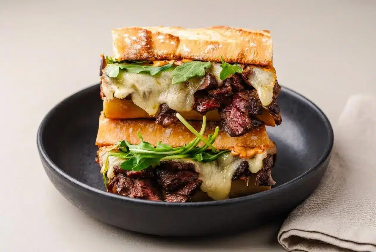 Toasted steak sandwich layered with seared skirt steak, caramelized onions, and melted provolone on crusty baguette.