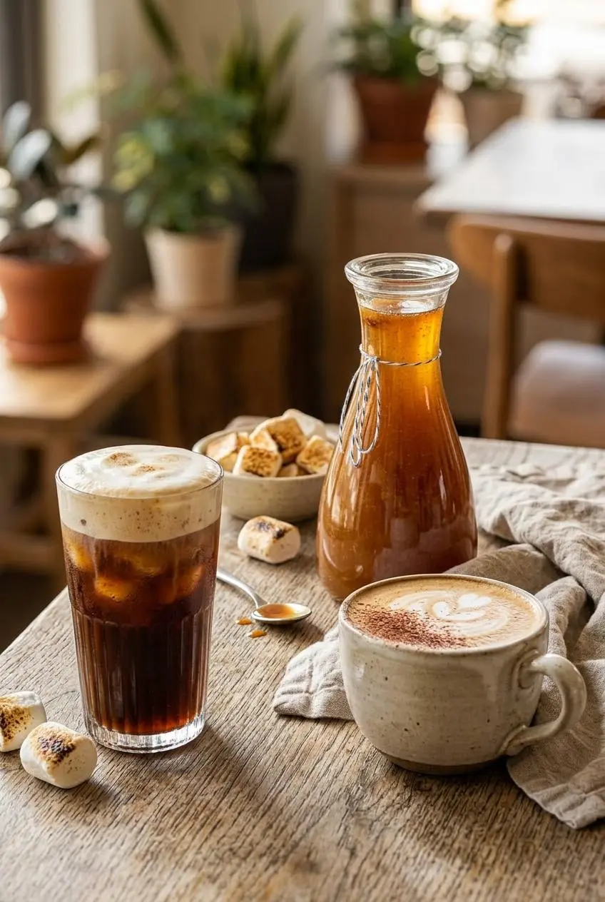 Iced cold brew topped with marshmallow cold foam beside a hot latte and a bottle of toasted marshmallow syrup.