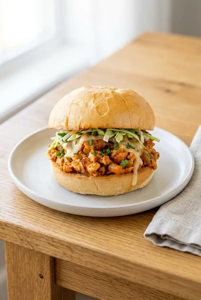 Assembled Cajun chicken sloppy joe layered with melted cheese and crisp shredded lettuce on a toasted bun.