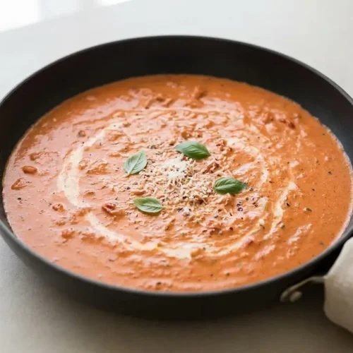 Silky tomato cream sauce with a glossy blush pink finish and shredded Parmesan.