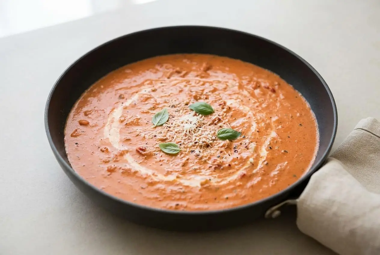 Silky tomato cream sauce with a glossy blush pink finish and shredded Parmesan.