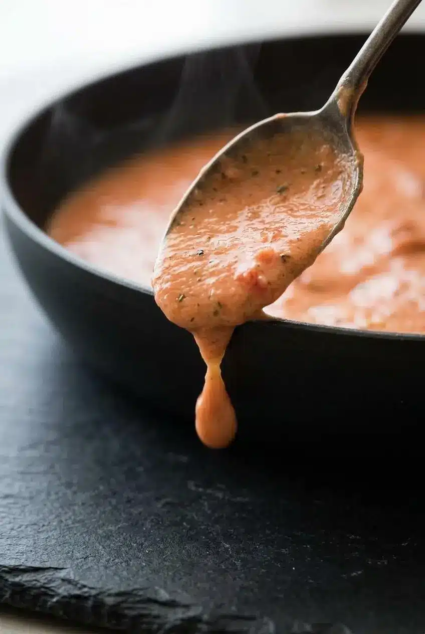 Spoon lifting a velvety ribbon of coral-pink tomato cream sauce showing its thick, glossy texture.