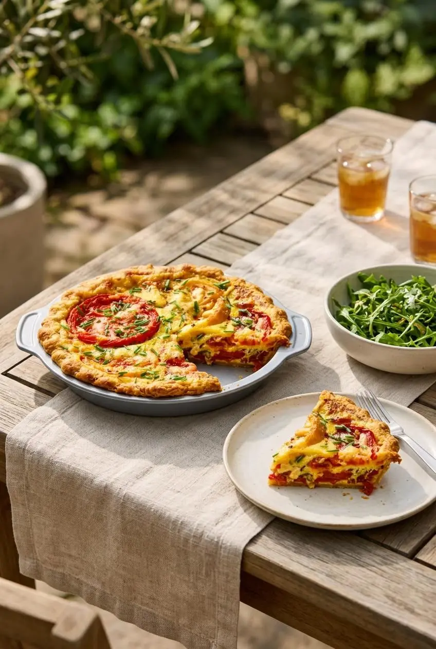 Slice of savory tomato pie served on a ceramic plate alongside a bowl of fresh arugula salad on a patio table.