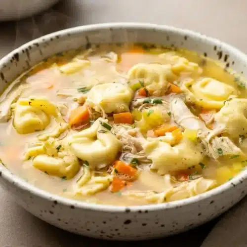 Tortellini chicken soup with pillowy cheese pasta, tender chicken, and vegetables in savory golden broth.