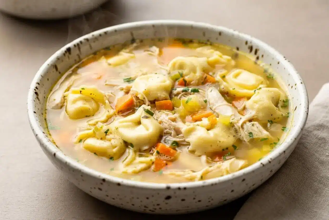 Tortellini chicken soup with pillowy cheese pasta, tender chicken, and vegetables in savory golden broth.