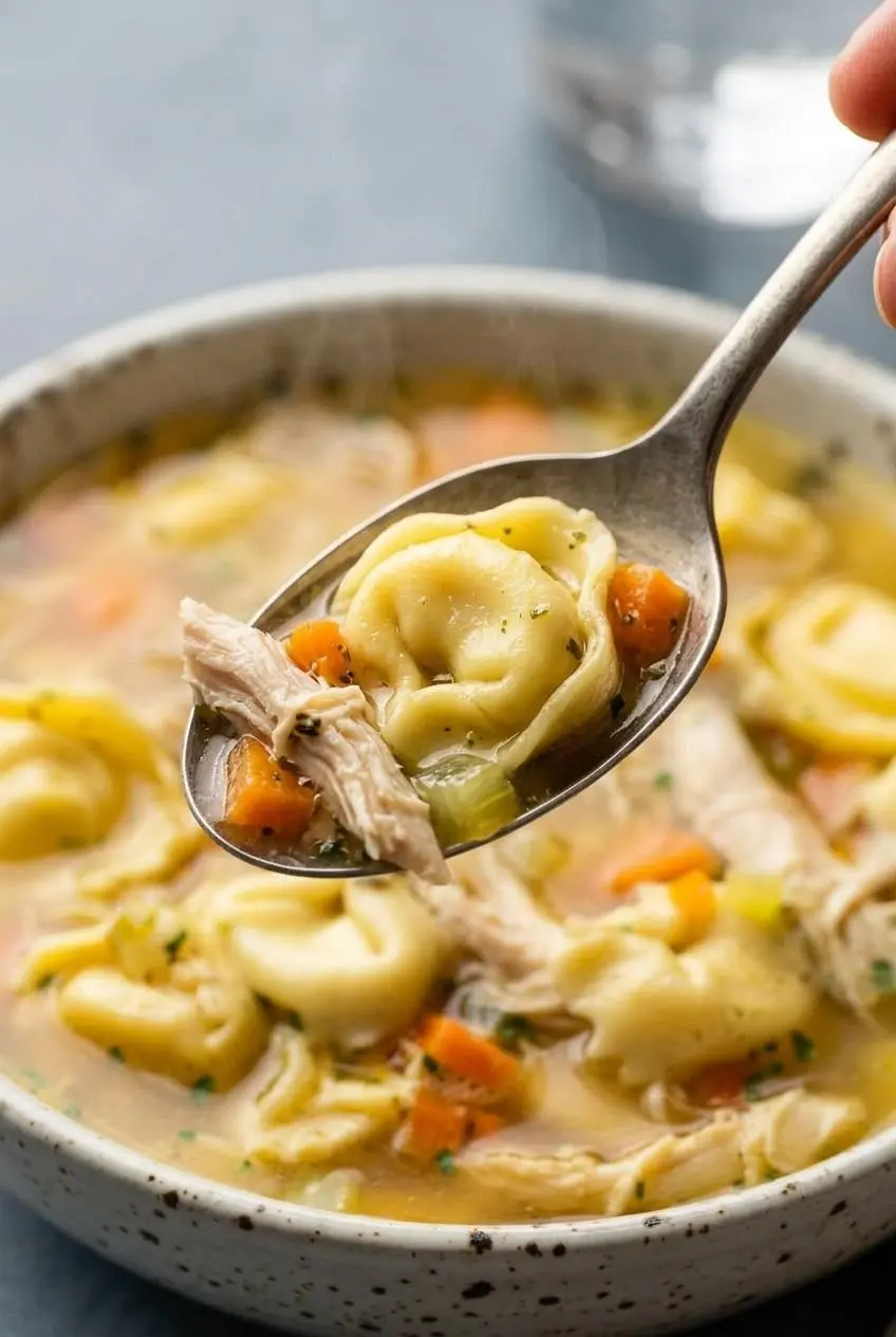 Spoonful of tortellini chicken soup showing intact cheese tortellini and tender chicken in clear broth.