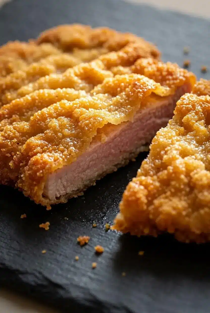 Close-up cut through a crispy German pork schnitzel showing tender interior and airy souffled crumb crust.