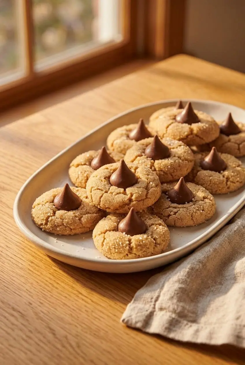 Serving platter of peanut butter blossom variations coated in coarse turbinado sugar with dark chocolate kisses.