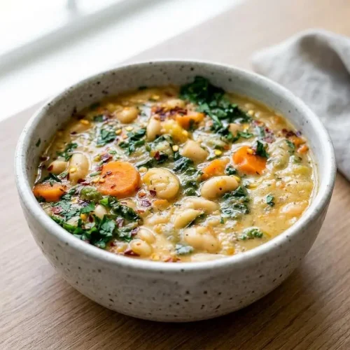 Tuscan white bean soup in a ceramic bowl with tender cannellini beans, chopped kale, and olive oil.