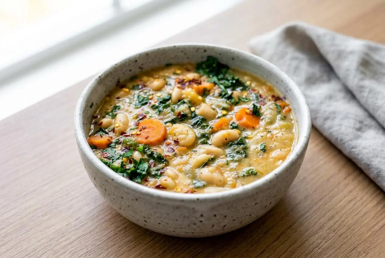 Tuscan white bean soup in a ceramic bowl with tender cannellini beans, chopped kale, and olive oil.