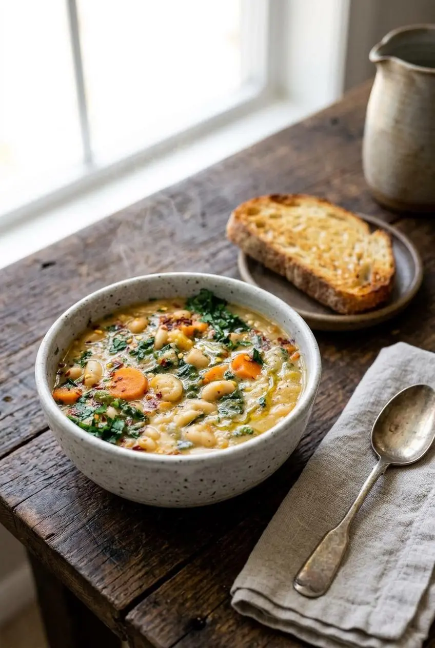 Bowl of Tuscan white bean soup served alongside a thick slice of toasted sourdough bread on a wooden table.