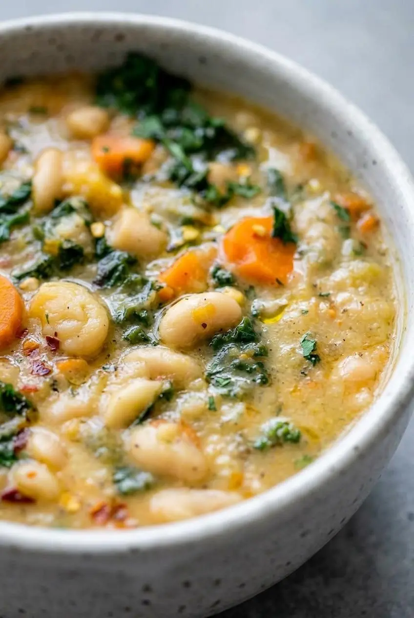 Close-up of velvety pureed Tuscan white bean soup with whole cannellini beans, diced carrots, and kale.