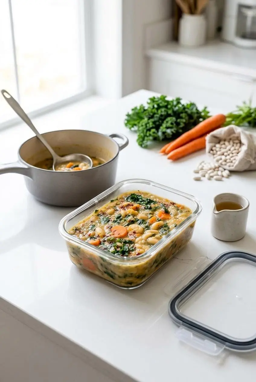 Tuscan white bean soup stored in a clear glass container on a counter next to extra broth for reheating.