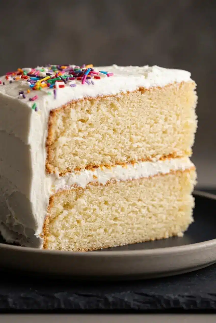 Close-up of a vanilla cake slice showing the plush crumb structure and whipped vanilla buttercream filling.