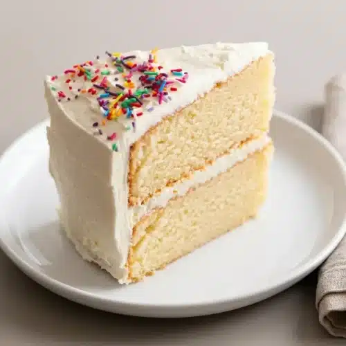 Two-layer vanilla cake recipe with golden layers and smooth, swirled ivory vanilla buttercream.