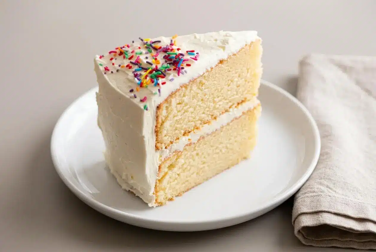 Two-layer vanilla cake recipe with golden layers and smooth, swirled ivory vanilla buttercream.